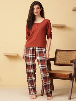 Clovia - Solid Top and Cotswool Plaid Checkered Pyjama Brown
