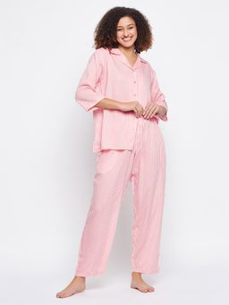 Clovia - Sassy Stripes Button Down Night Suit In Baby Pink - Rayon
