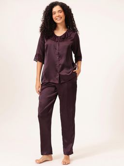 Clovia - Button Down Top And Pyjama Wine - Satin
