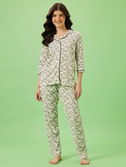 Clovia - Printed Button Down Shirt And Pyjama White - Cotton
