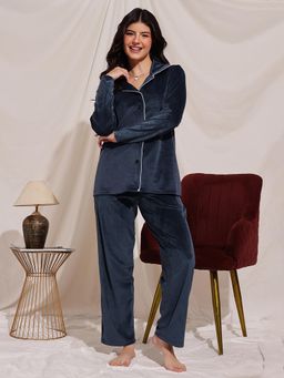 Clovia - Button Down Shirt And Pyjama Navy Blue - Velour