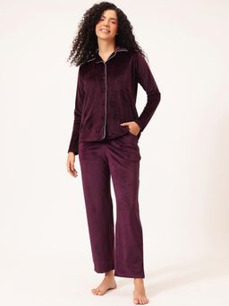 Clovia - Button Down Shirt And Pyjama Wine - Velour