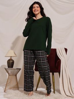 Clovia - Terry Solid Sweatshirt And Cotswool Checkered Pyjama Dark Green