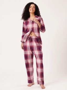 Clovia - Plaid Checkered Button Down Shirt And Pyjama Purple - Cotswool