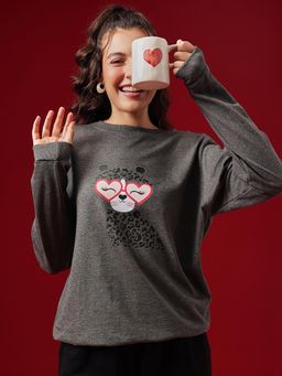 Clovia - Graphic Print Sweatshirt In Dark Grey - Terry Cotton