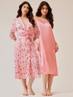 Clovia - Floral Print Long Nighty And Robe With Belt Light Pink - Satin