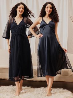 Clovia - Long Nighty And Robe With Belt Navy Blue - Satin And Georgette