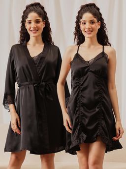 Clovia - Chic Padded Short Nighty And Robe With Belt Black - Satin