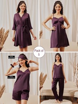 Clovia - 7 Pcs Bridal Nightsuit Wine - Satin