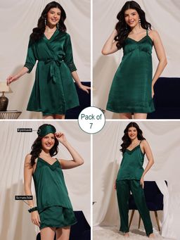 Clovia - 7 Pcs Bridal Nightsuit Bottle Green - Satin