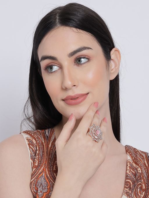 Aatmana Rose Gold Plated Pink Ruby and White AD Studded Handcrafted Adjustable Finger Ring