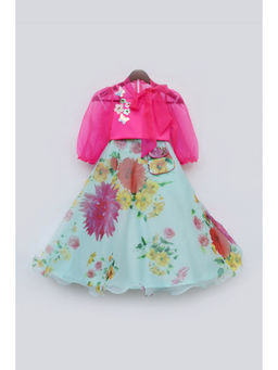 Fayon Kids - Hot Pink Top with Blue Printed Organza Lehenga (Set of 2)