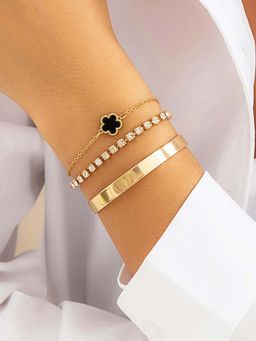 Jewels Galaxy - Women Gold Plated Black Clover Stone Studded Bracelet