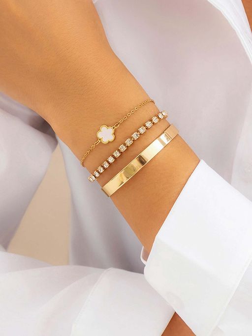 Jewels Galaxy Women Gold Plated White Clover Stone Studded Bracelet