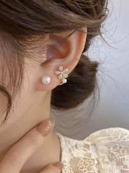 Jewels Galaxy - Women Gold Plated Korean Floral Pearl Studded Stud Earrings