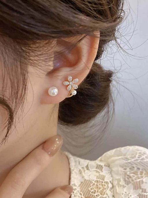 Jewels Galaxy Women Gold Plated Korean Floral Pearl Studded Stud Earrings