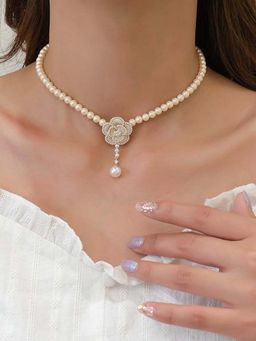 Jewels Galaxy - Women Gold Plated Pearls Studded White Floral Necklace