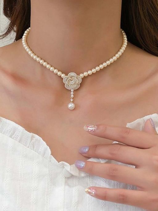 Jewels Galaxy Women Gold Plated Pearls Studded White Floral Necklace