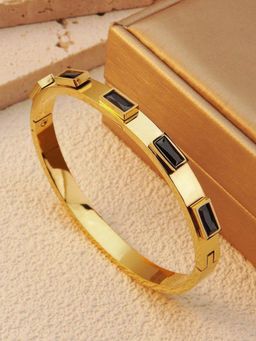 Jewels Galaxy - Women Stainless Steel Gold-Plated Black Rectangular American Diamond Kada