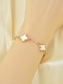 Jewels Galaxy - Women Stainless Steel Gold-Plated White Clover Link Bracelet