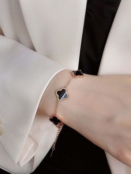 Jewels Galaxy - Women Stainless Steel Rose Gold-Plated Black Clover Link Bracelet