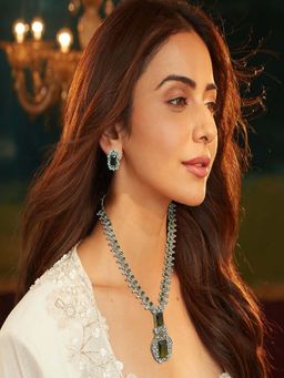 Accessher - Women Olive Square Stone American Diamond Necklace and Earrings Set