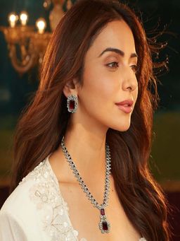 Accessher - Women Maroon Square Stone American Diamond Necklace and Earrings Set