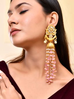 Silvermerc Designs - Women Pink Chandelier Pearls Jhumka Earrings