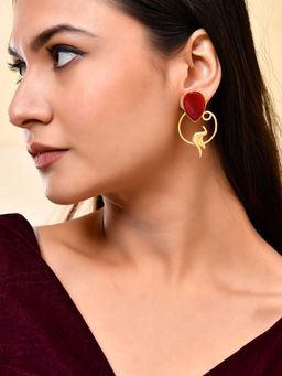 Silvermerc Designs - Women Gold-Plated Red Teardrop Gemstone Drop Earrings