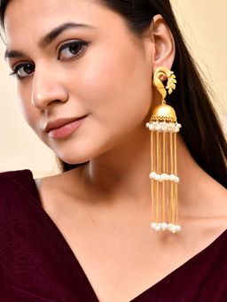 Silvermerc Designs - Women Gold Peacock White Pearls Jhumka Earrings