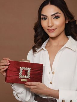 Priyaasi - Bow Some Shiny Red Floral Studded Clutch (S)