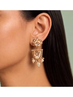 Shop Naymee - Green Lotus White Kundan Danglers