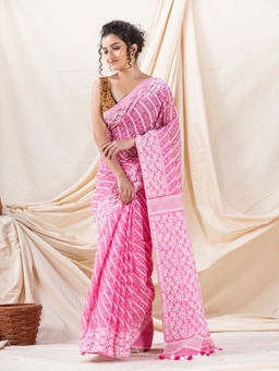 Angoshobha - Traditional Pink & White Korat Soft Dhakai Jamdani Saree with Unstitched Blouse