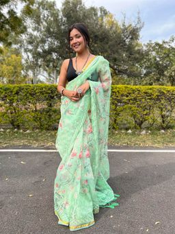 Odette - Green Organza Embroidered Saree with Unstitched Blouse