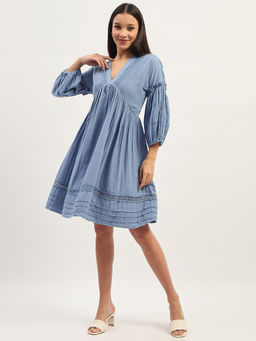 Madame - Three Fourth Sleeve Fit and Flare Cotton Blue Mini Dress