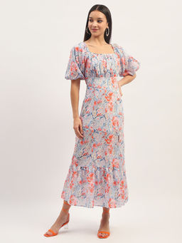 Madame - Printed Fit and Flare Purple Cotton Maxi Dress