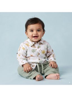 My Milestones - Muslin Woven Full Sleeves Woodland Printed Shirt & Pant - White