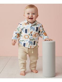 My Milestones - Muslin Woven Full Sleeves Jungle Friends Printed Shirt & Pant - White