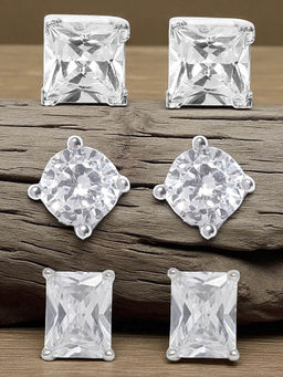OOMPH - Combo of 3 Silver Plated Cubic Zirconia Stud Earrings Round, Square Shape (Pack of 3)