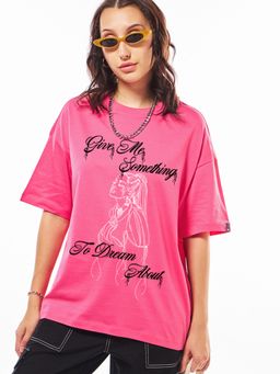 Bewakoof - Women's Pink Give Me Something Printed Oversized T-shirt