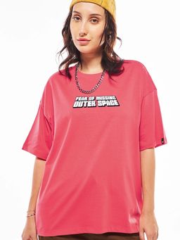 Bewakoof - Official Disney Women's Pink Fear of missing outerspace Graphic Printed Oversized T-shirt