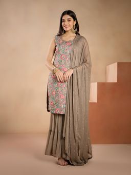 Gajra Gang - Sage Green floral embroidered Kurta Sharara Dupatta GGSKD62 (Set of 3)