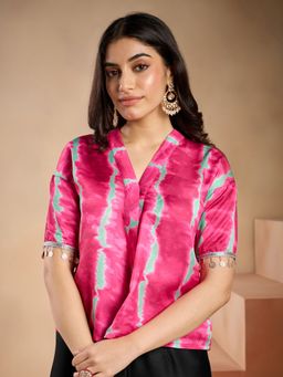 Gajra Gang - Rangeen Gypsy Fuchsia Leheriya Shirt & Sarong Skirt (Set of 2)