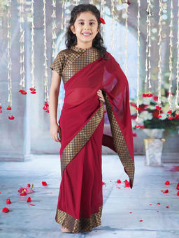 Little Bansi - Girls Brocade Blouse with Floral Design Georgette Saree (Set of 2)