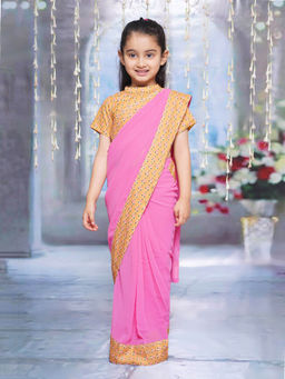 Little Bansi - Girls Cotton Tulip Blouse and Saree Lavender Pink (Set of 2)