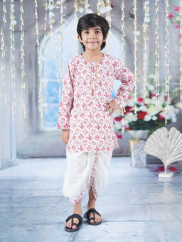 Little Bansi - Boys Kurta Dhoti with Floral Print and Pearl Buttons Red (Set of 2)