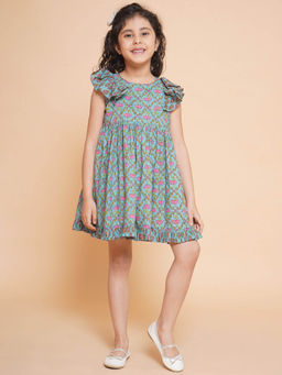 Little Bansi - Girls Cotton Sleeveless Pink Floral Ruffled Frock Blue