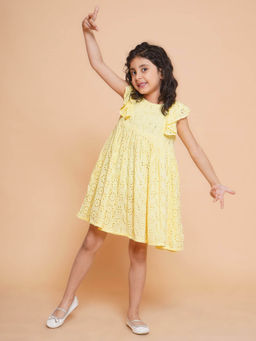 Little Bansi - Girls Cotton Sleeveless Floral with Schiffli Work Yellow Dress