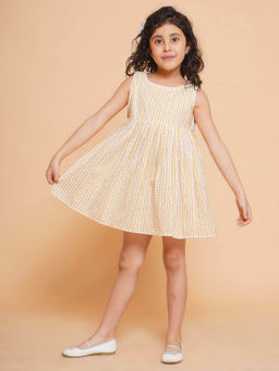 Little Bansi - Girls Cotton Sleeveless Floral Frock with Dotted Strips Cream
