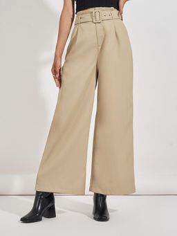 Styli - Women Solid High Rise Wide Leg Belted Twill Pant